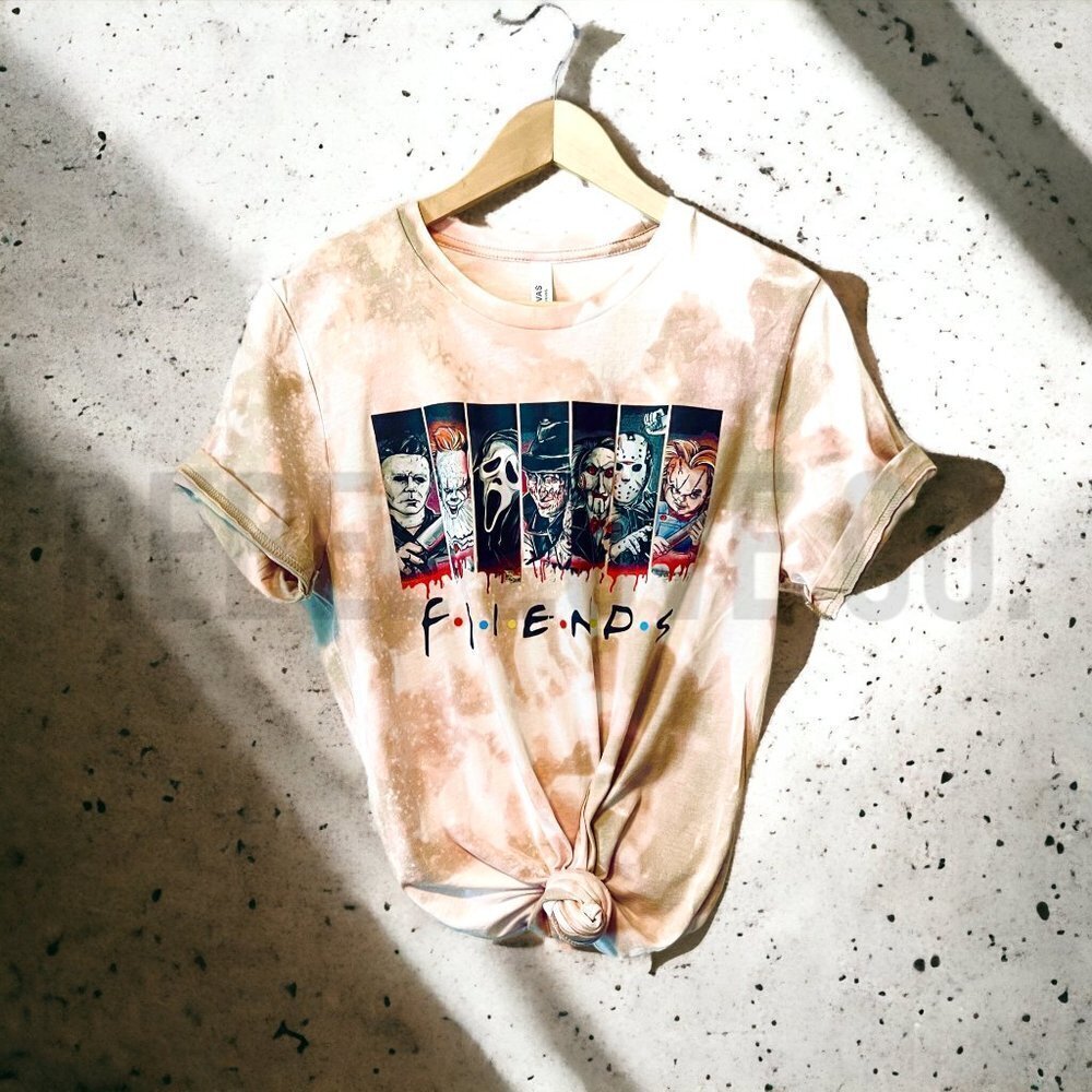 Friends Halloween Tie Dye Bleach Dye Tshirt, Multiple Sizes, Faces of Horror